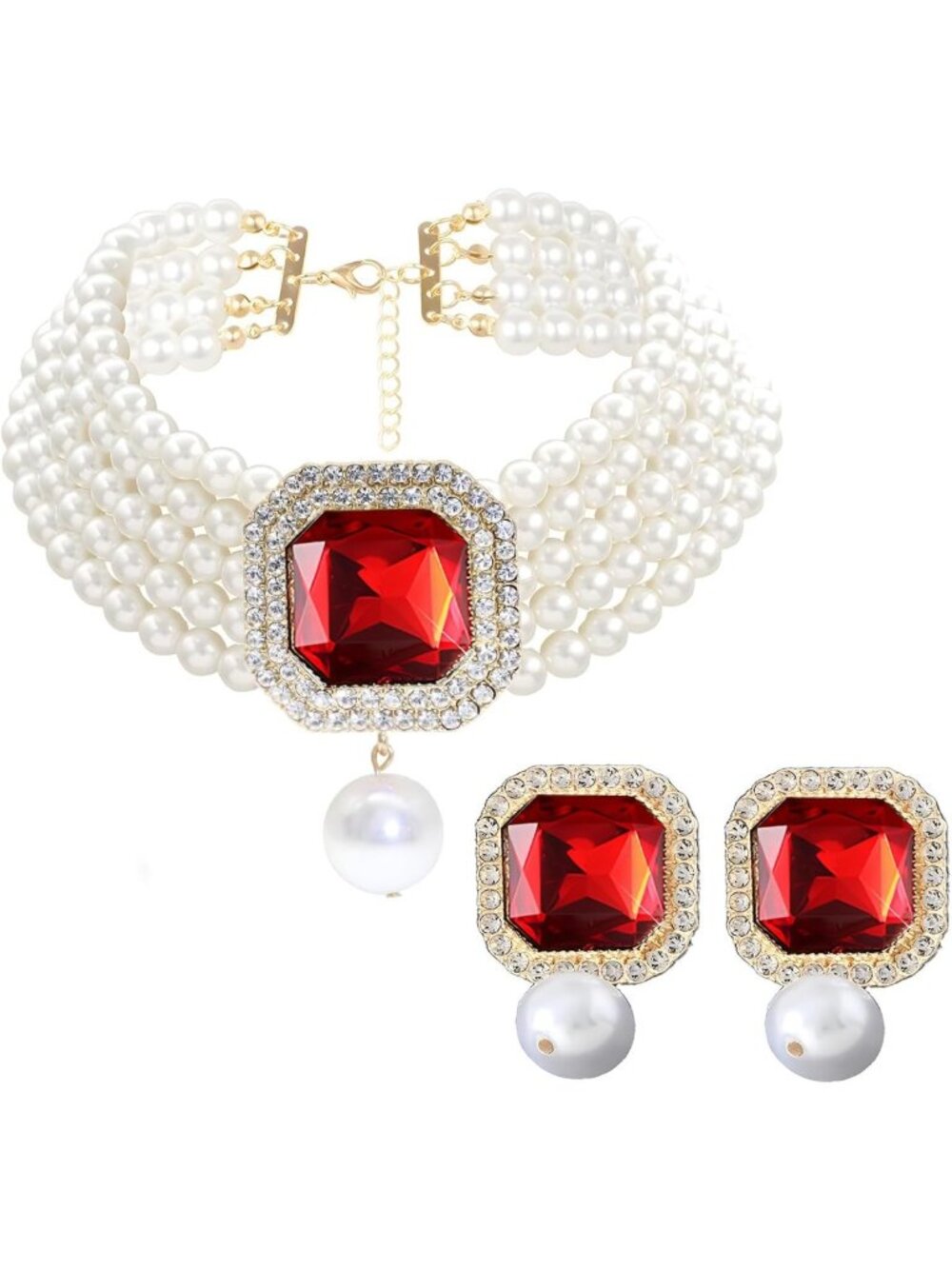 Chunky Pearl Choker Necklace & Earrings Set - Crystal Rhinestone Bridal Jewelry
